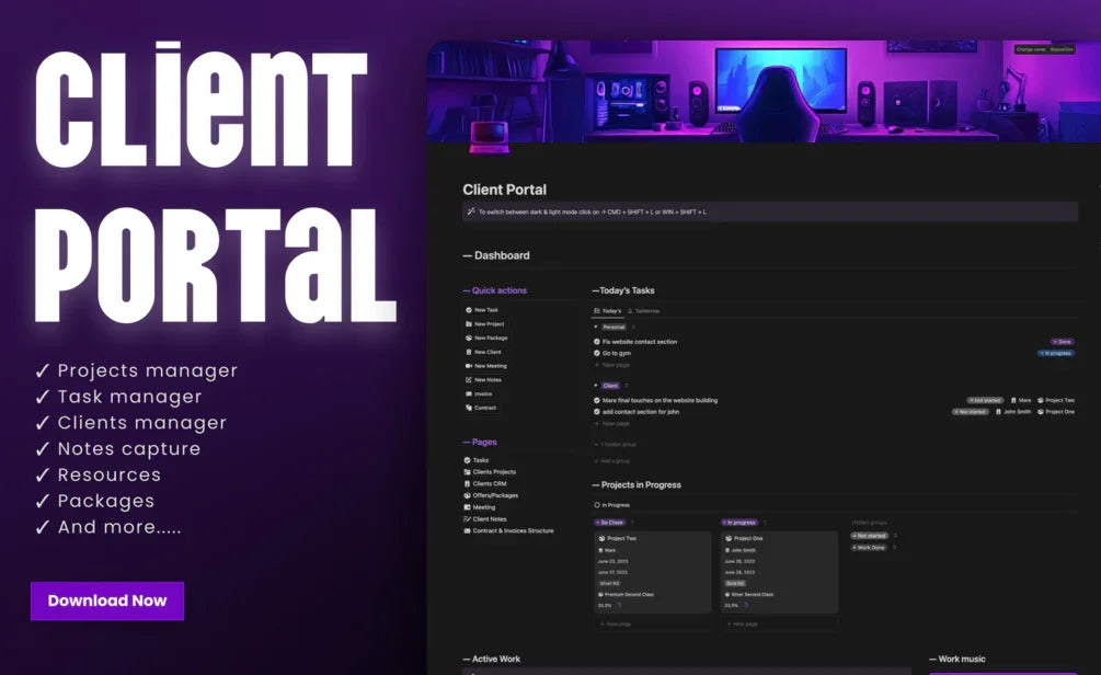 Client Portal Notion Template with project & task management dashboard, dark mode interface, purple theme