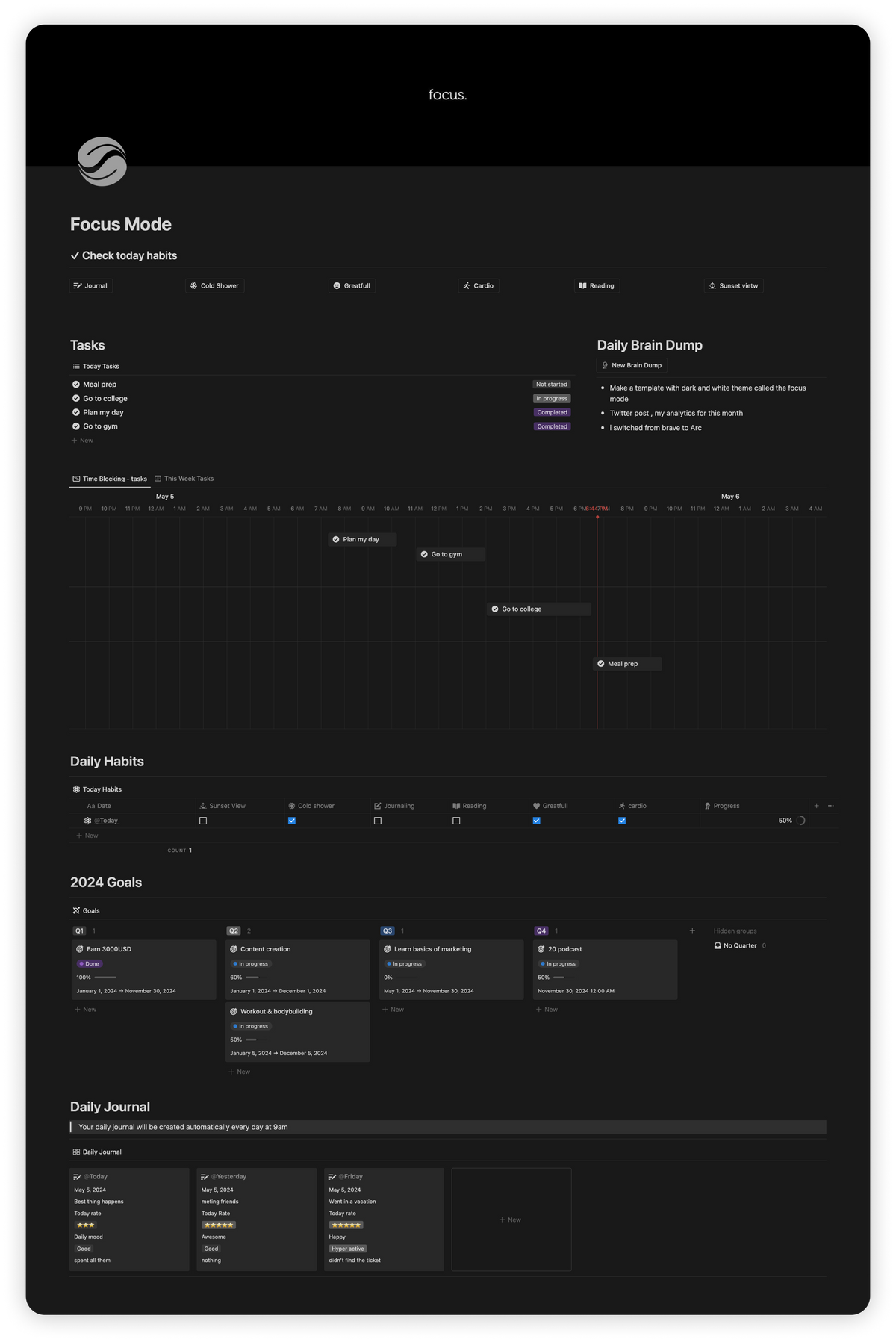 OlsNotion Focus Mode Notion Template Productivity Planner Tracker
