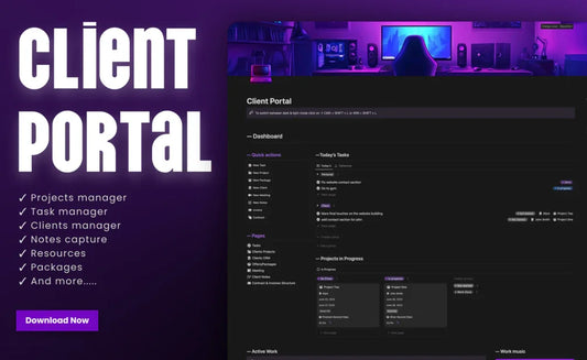 Client Portal Notion Template with project & task management dashboard, dark mode interface, purple theme