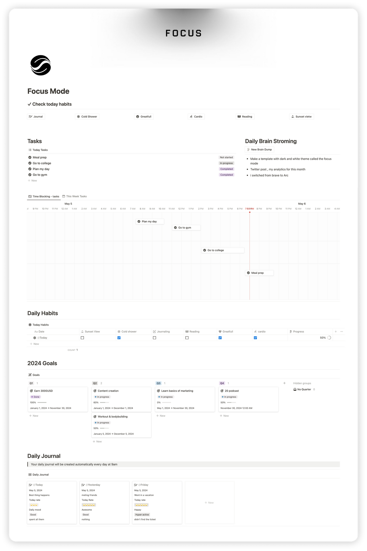 OlsNotion Focus Mode Notion Template Productivity Planner Tracker