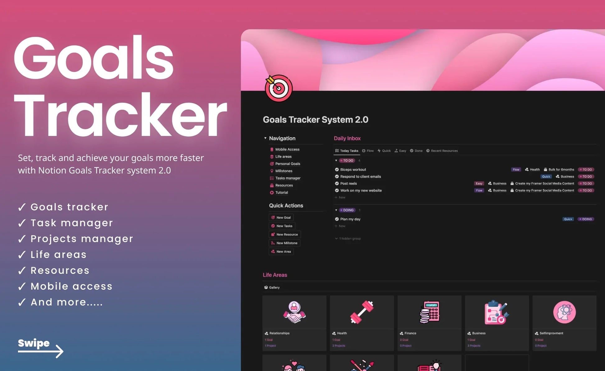 Notion Goals Tracker System 2.0 interface with task manager, life areas, and mobile access features