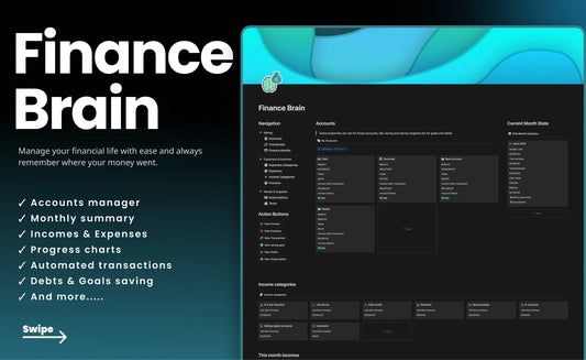 Finance Brain Notion template for managing accounts, expenses, income, and savings with progress charts and automated tracking