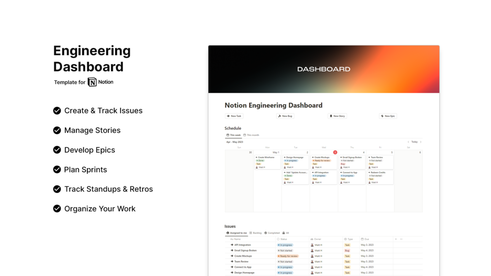 Engineering Dashboard Notion Template Sprint Planner Project Workspace Organizer