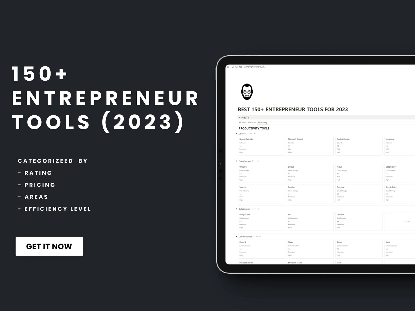 150+ Entrepreneur Tools 2023 Notion Template on tablet, categorized by rating, pricing, areas, efficiency