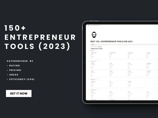 150+ Entrepreneur Tools 2023 Notion Template on tablet, categorized by rating, pricing, areas, efficiency