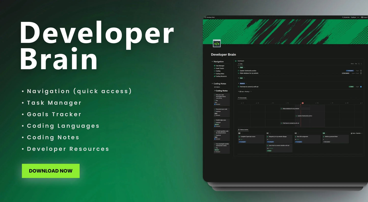 Developer Brain Notion template with task manager, goals tracker, coding notes, and resources for developers