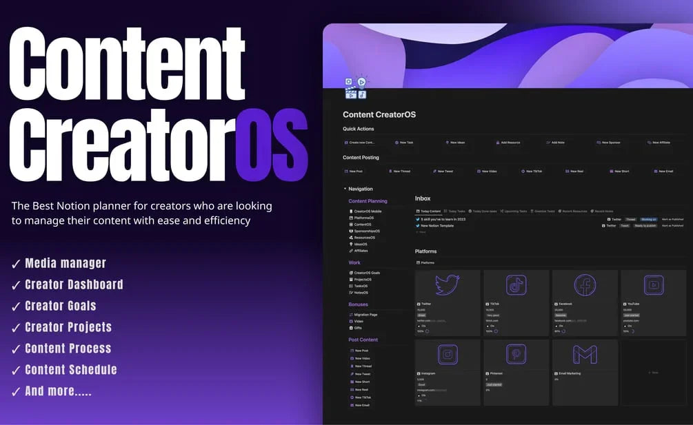Content CreatorOS Notion template dashboard for managing content, projects, and schedules with media manager tools