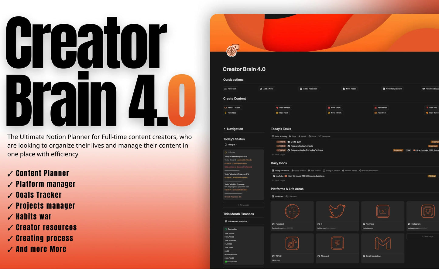 Creator Brain 4.0 Notion template for content creators: planner, tracker, manager tools with social platform icons