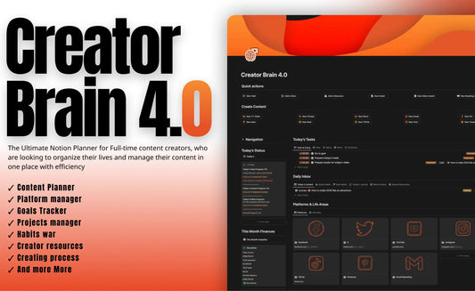Creator Brain 4.0 Notion template for content creators: planner, tracker, manager tools with social platform icons