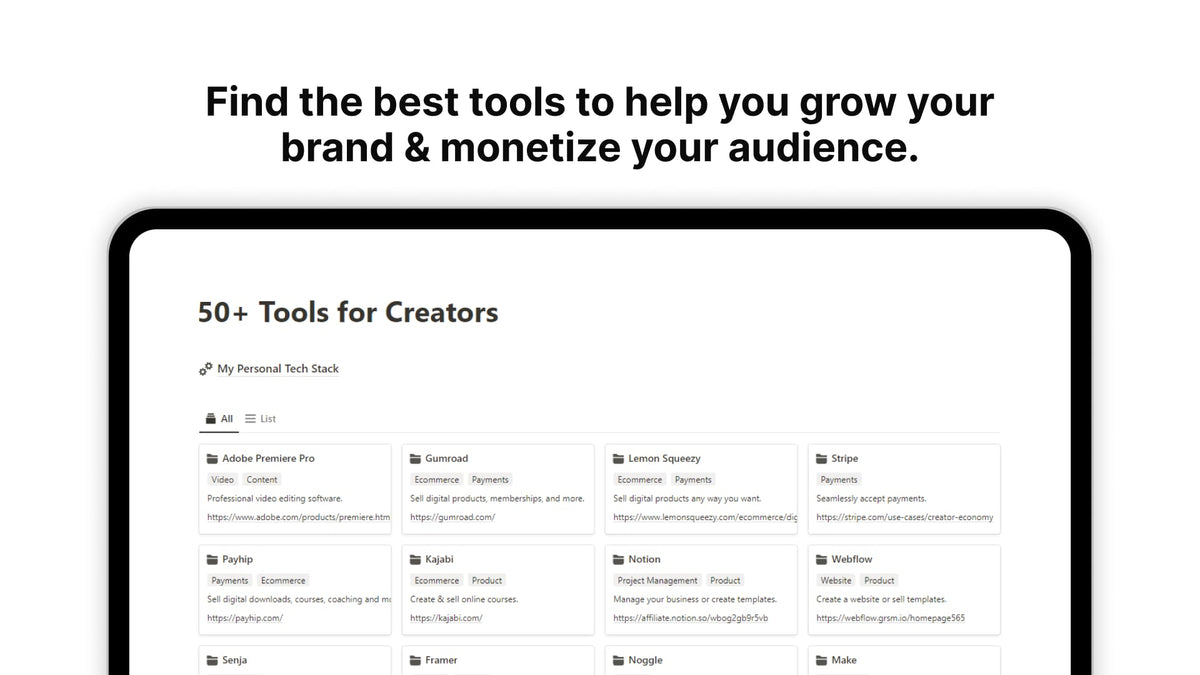 50+ Tools for Creators Notion Template Directory Organizer