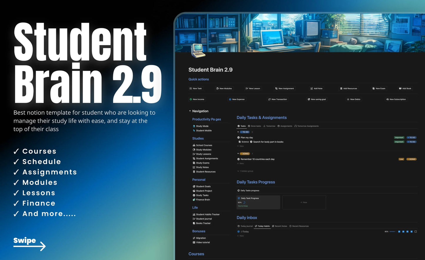 Student Brain 2.9 Notion template for managing courses, assignments, schedule, and student finance with task tracking