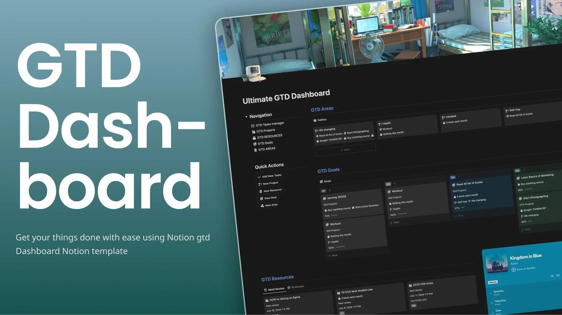 GTD Dashboard Notion template for productivity, task management, and goal tracking with dark UI design