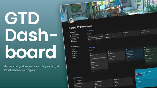 GTD Dashboard Notion template for productivity, task management, and goal tracking with dark UI design