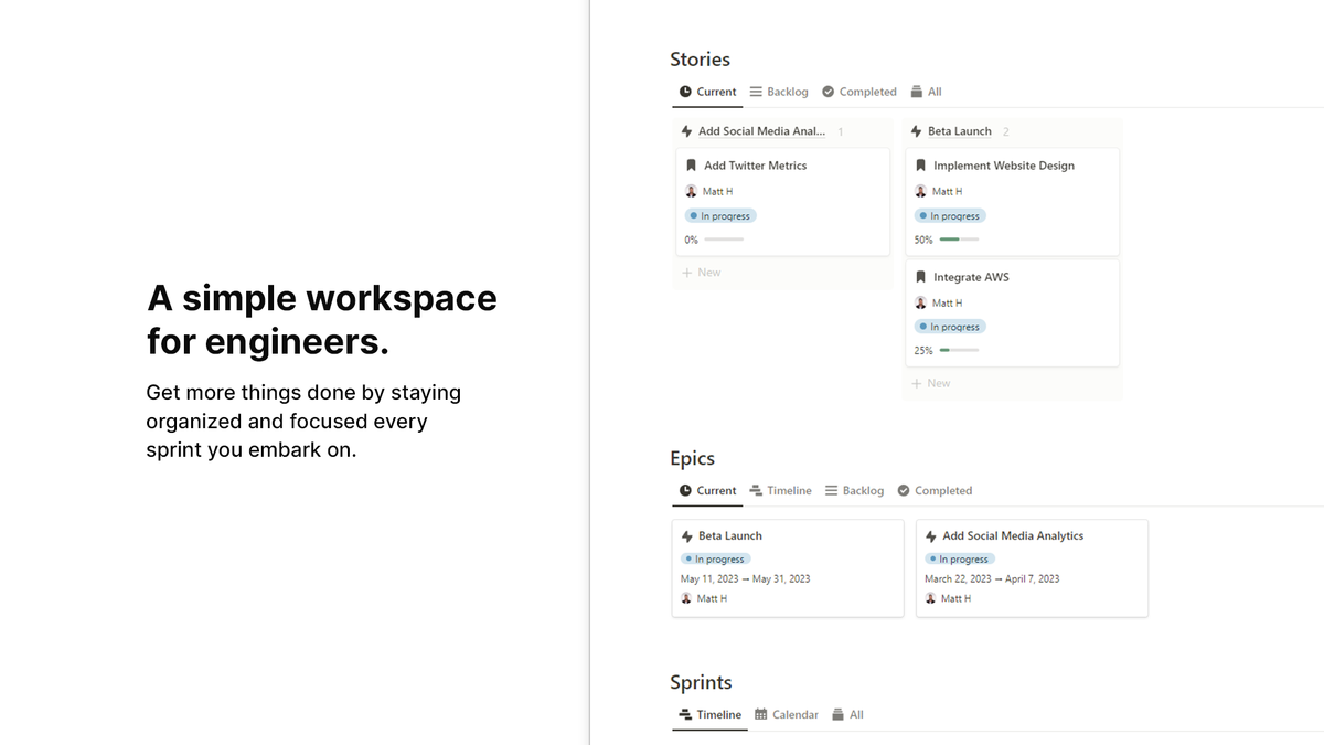 Engineering Dashboard Notion Template Sprint Planner Project Workspace Organizer